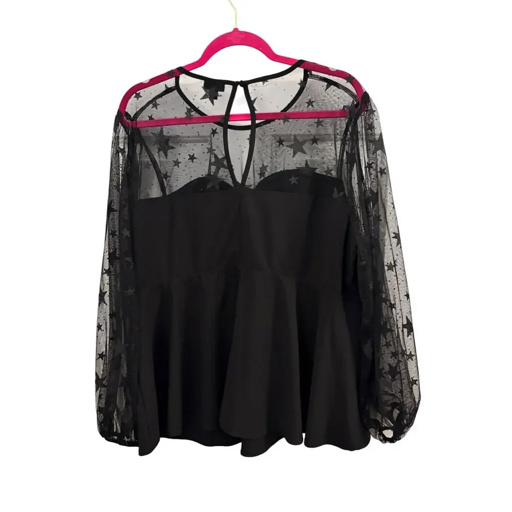 Torrid Black Peplum Blouse Top 2X Mesh Sleeves & Neck Sparkly Stars Whimsygoth - Picture 6 of 11